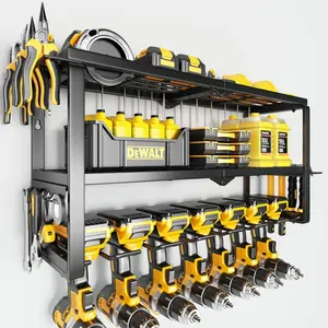 Power Tool Organizer, Wall Mount, 150 Lbs Load, 3 Layers Storage Rack, with 7 Drill Holders for Cordless Drills. Heavy Duty Iron Garage Tool Organizer for Workshop, Shed, Pegboard, Basement