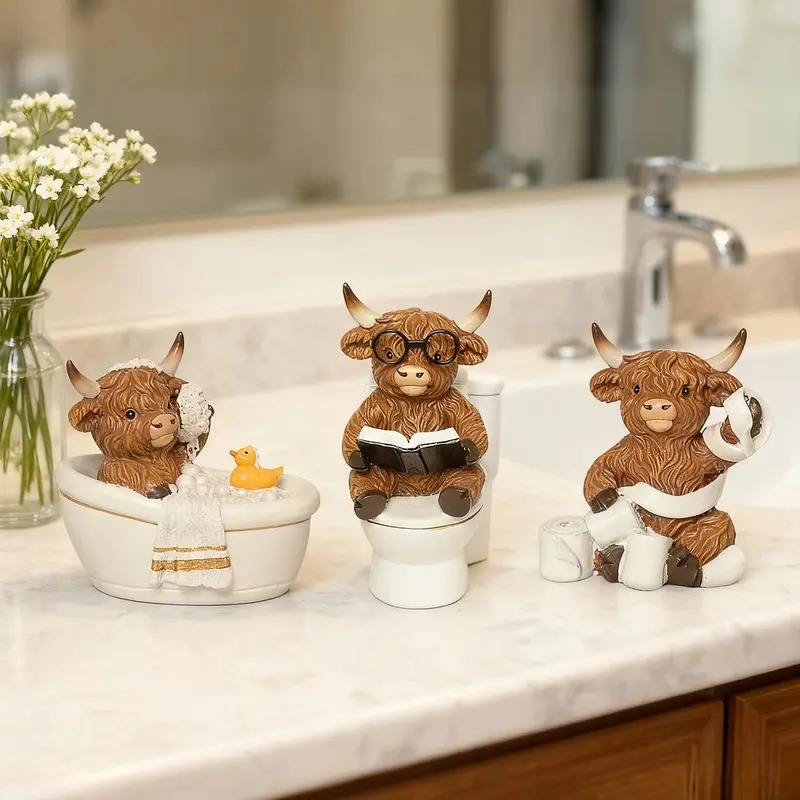 Hand Painted Rustic Look Highland Cow Figurines 3-Piece Set - Solid Resin Bathtub, Toilet, Tissue Box Decor for Farmhouse Kitchen, Bathroom Decor, Christmas Cow Scenes Ornaments