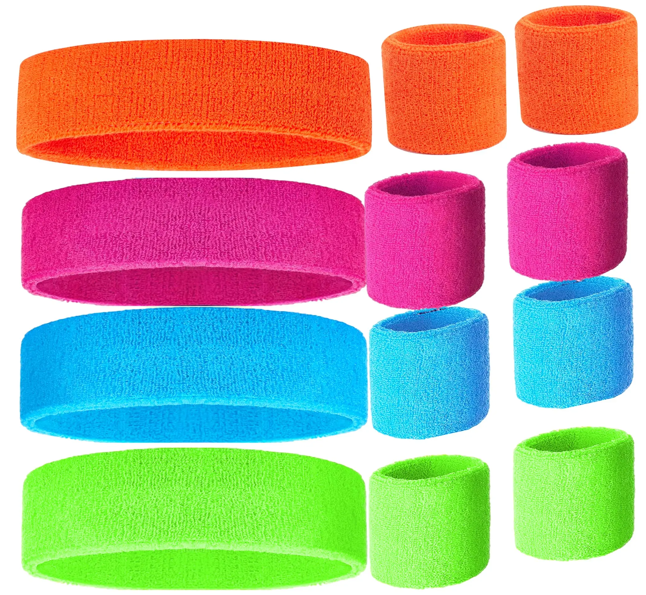 Iconic 80s Sweatband Set - 80s Neon Colour Palette Matching Headbands & Wristbands, 4 Colours, for Fun Retro Parties, 80S Parties, Fun Retro 80S