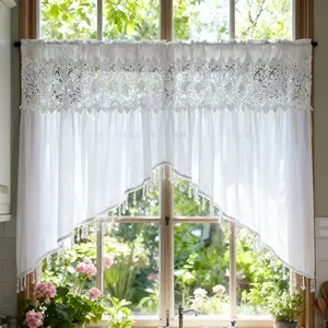 1 PC White Luxury Sheer Valance Curtains for Living Room Window Valance Bead Trim Tassel Swag Curtain Macrame Rod Pocket Room Divider Kitchen Dining Room (W59 X L35 Inch)