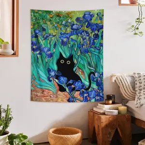 Curiosity Cat Tapestry, Home Textile, Floral Designs, Plant Flower Cute Cat Wall Hanging Banner Poster, Bedroom Aesthetic Art Abstract Painting Wall Hanging Decoration
