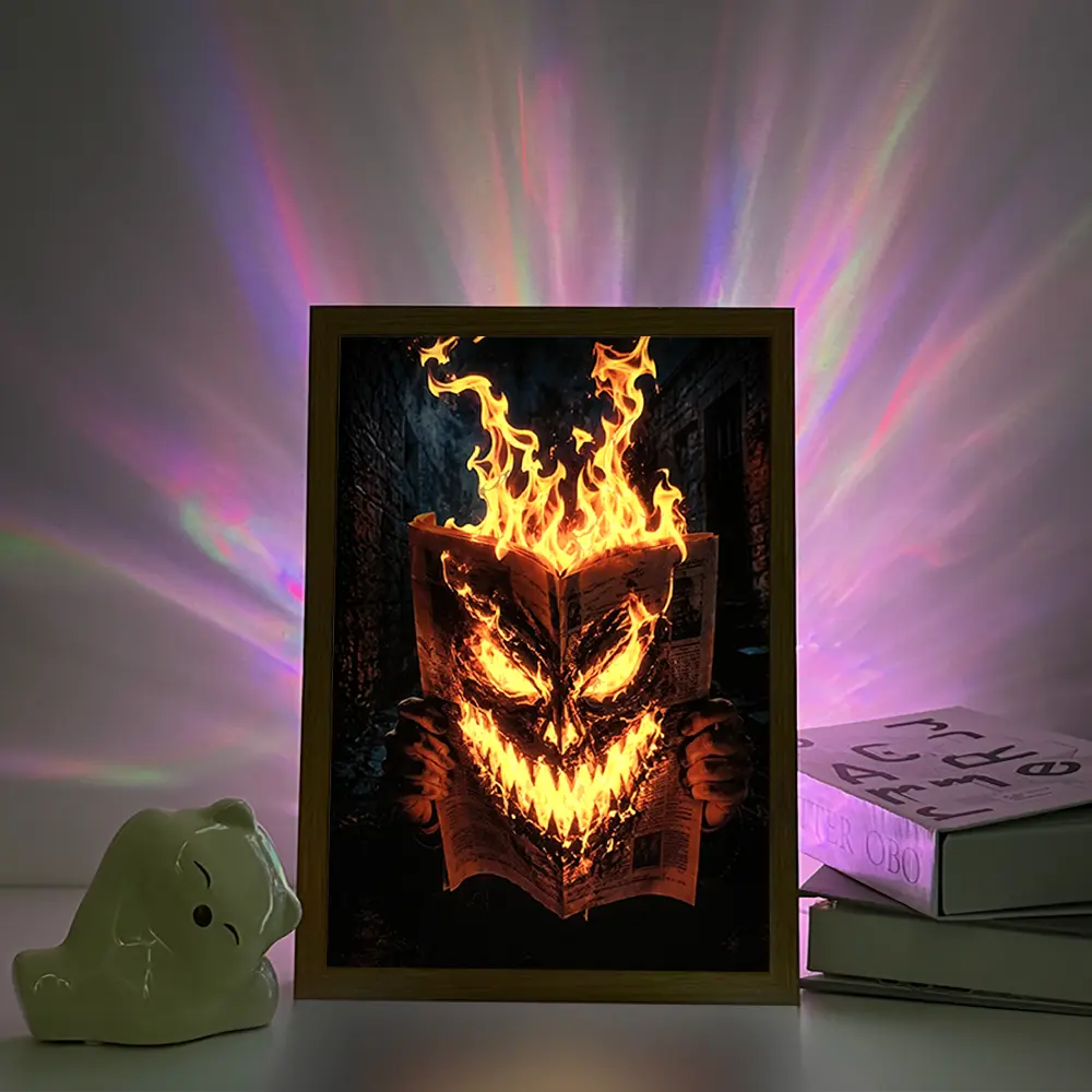 Fiery Demon Burning Newspaper LED Light Painting USB Powered, Dimmable Table Frame Lamp, Natural Wood Photo Frame, Gothic Horror Decor For Bedroom Study Room, Unique Halloween Birthday Gift, Glowing Wall Desk Light, Spooky Interior Ambient Lighting