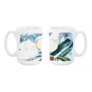 Magnolia 15oz Reusable Ceramic Mug - Large Flower Motif Kitchenware Drinkware, Dishwasher-Washable, Microwavable, Ideal for Coffee/Tea Use, Ceramic Mugs
