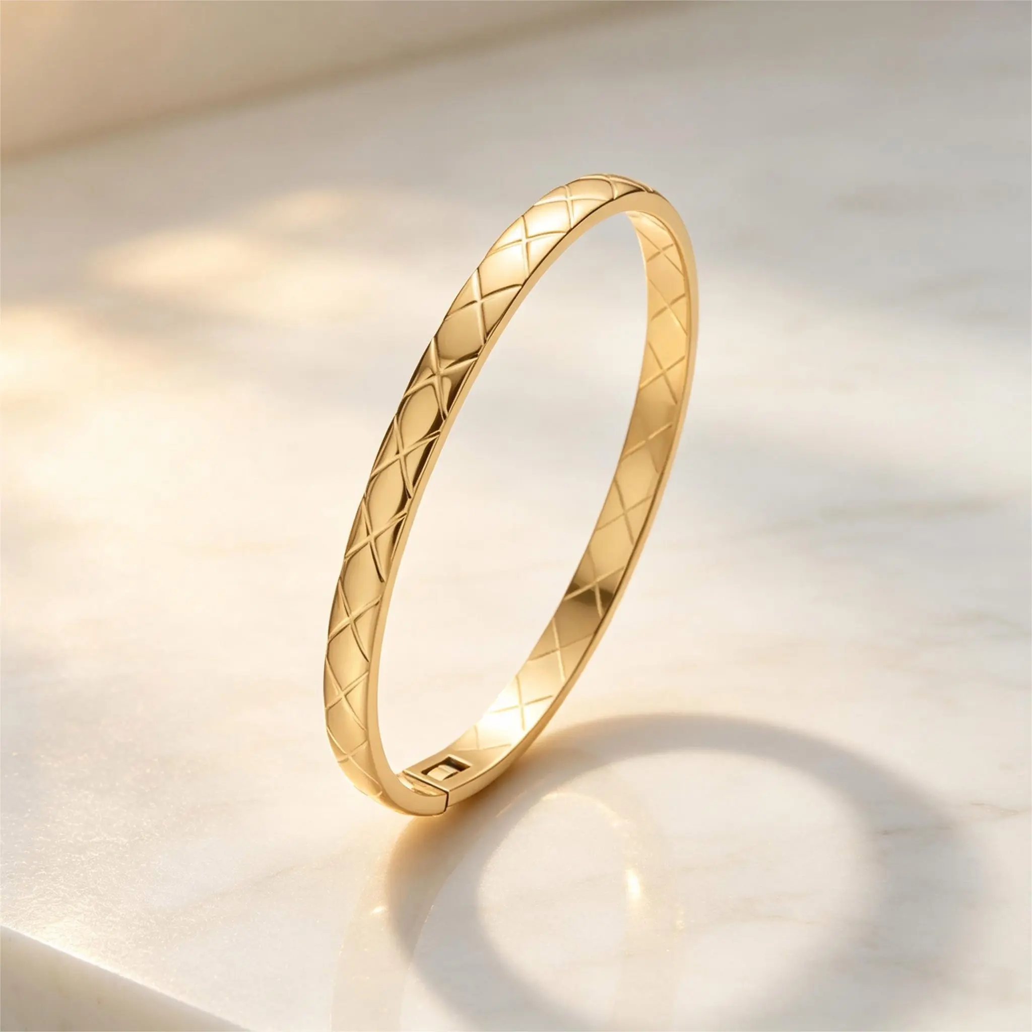 Women's 14K Gold-Plated Stainless Steel Waterproof Quilted Bangle Bracelet - Dainty Dupe, Love & Friendship, Trendy Summer Costume Jewelry