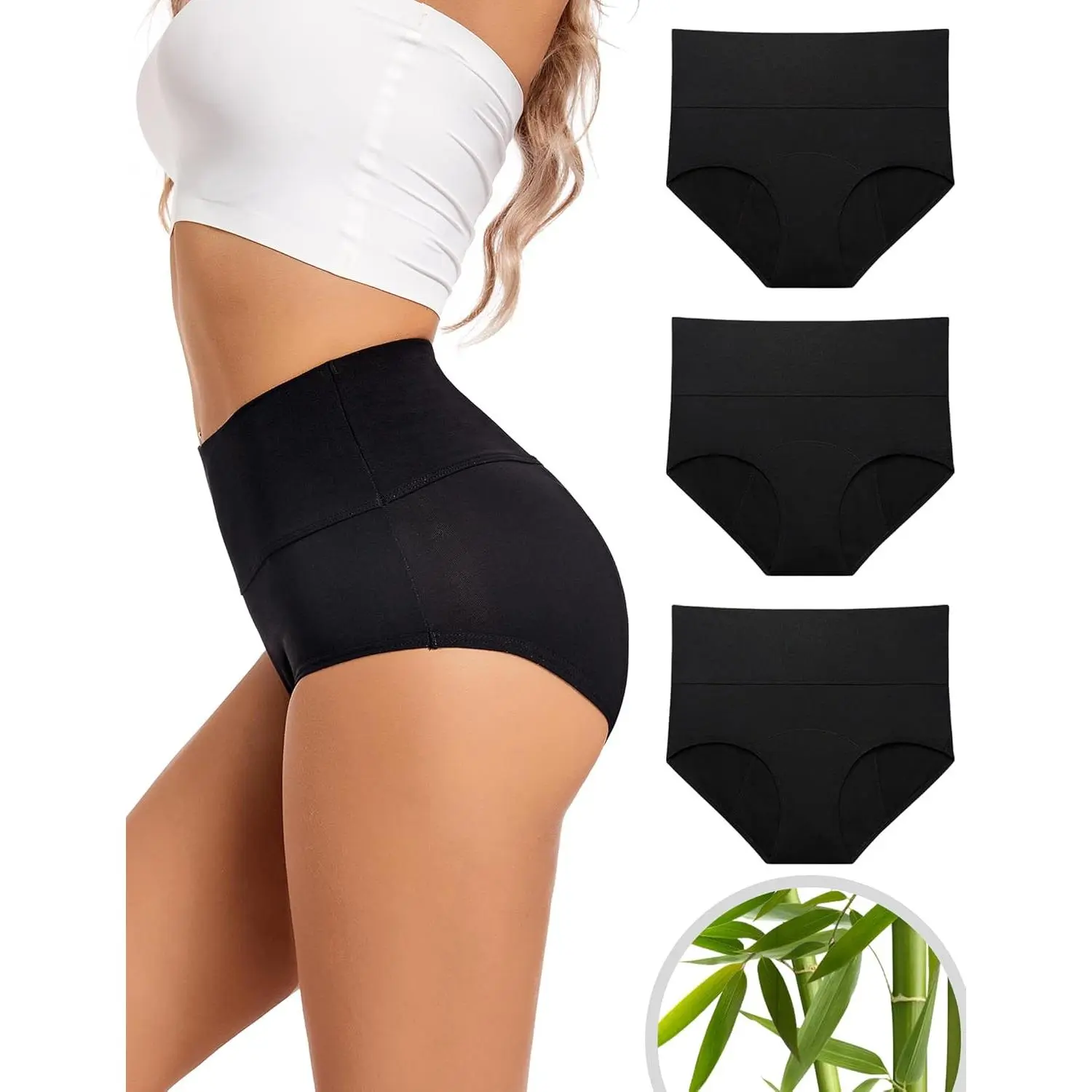 Women's Basic Period Underwear, High-Waist Reusable 4-Layer Leakproof Panties (3 Pack: Black+Purple+Rose-Red), 95% Viscose Cotton with Elastane, Breathable for Heavy Flow Adults, Machine Wash, XS-4XL Large Sizes