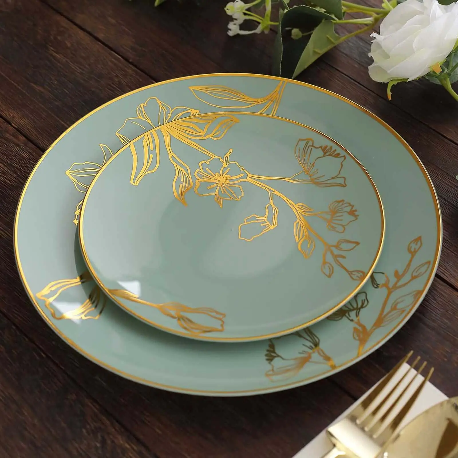 Disposable Plastic Party Tableware Set - 20-Piece Circular Plates (8in & 10in Options: Dinner, Dessert, Service Plates) Dusty Sage Green with Gold-Flower Detail for Weddings