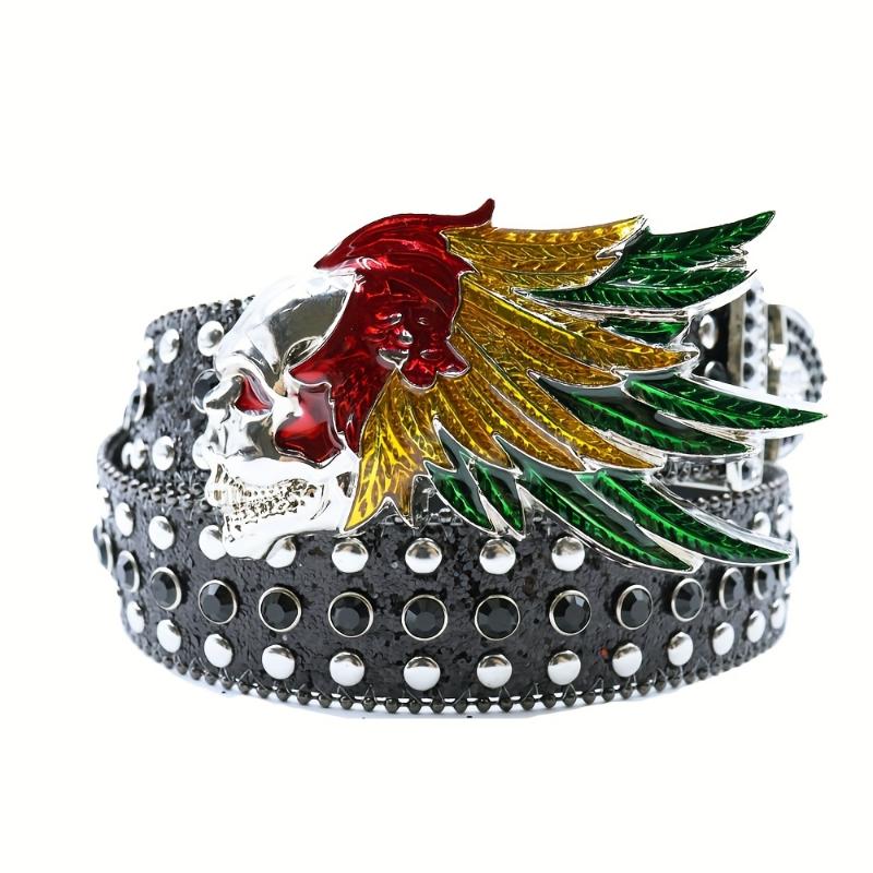 jewelry Rhinestone Black Belt Men Faux Leather Faux Leather PU Black Cross Skull Buckle Revits Belt, Unisex Western Music Festival Embellished Faux Glitter Print Belt With Rhinestone And Rivet, Music Festival Party Wear