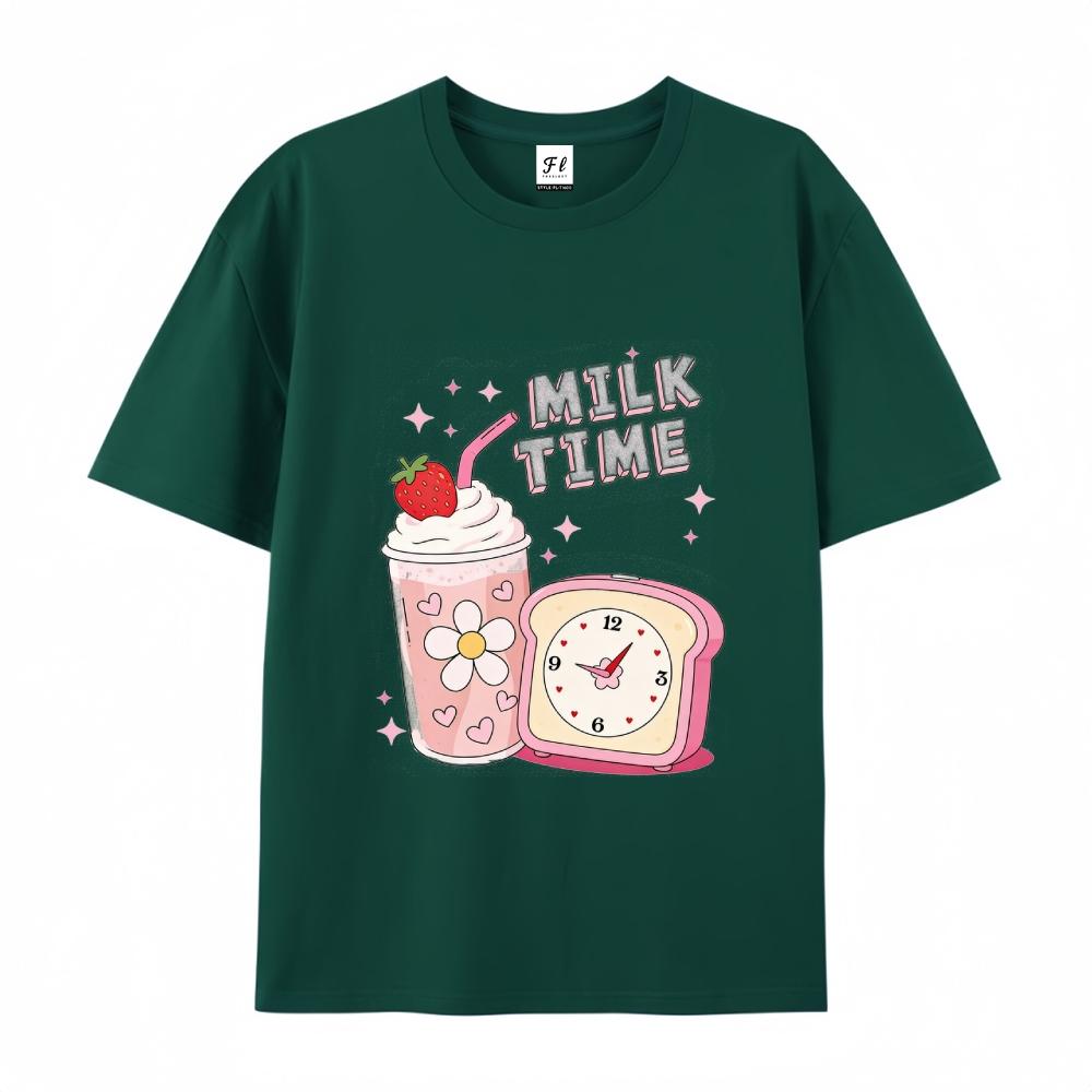 Milk Time Cute Strawberry Milkshake Retro Kawaii Graphic T-Shirt for Men & Women  Top