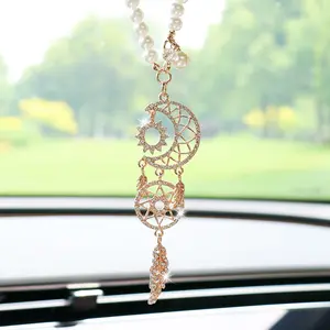 Elegant Rhinestone Moon Dreamcatcher Car Ornament, Creative Feather Rearview Mirror Clip, Interior Decoration for Cars