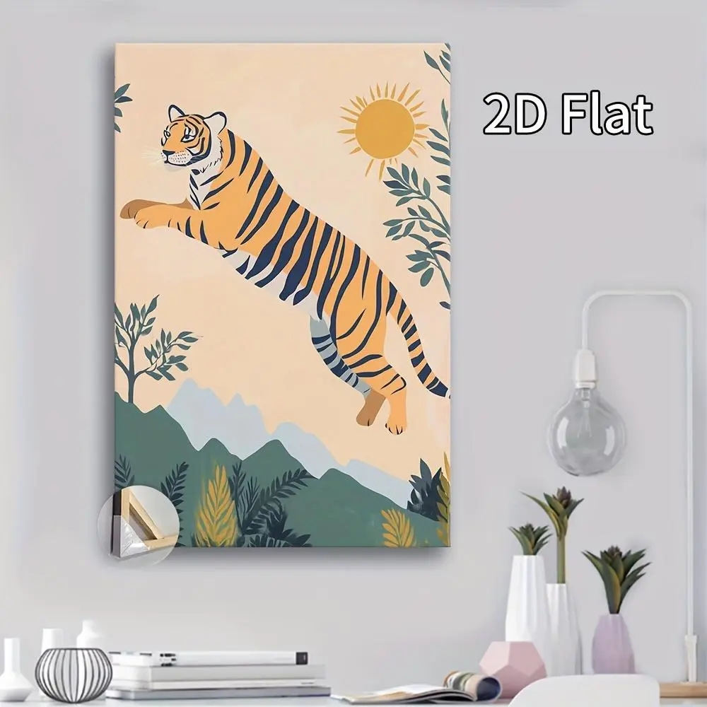 2D Flat, 1pc Large Modern Tiger Jungle Canvas Wall Art - Wooden Framed 2D Flat Painting, Vibrant Orange & Green Tiger Poster for Living Room, Bedroom, Office Decor - Indoor/Outdoor Use, Wrap-Around Frame, Wildlife Home Decoration	
