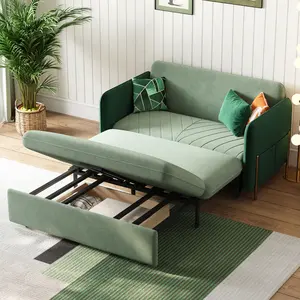 Homary 54" Twin 1-Seater Green Velvet Convertible Sleeper Sofa with Storage & Pillows