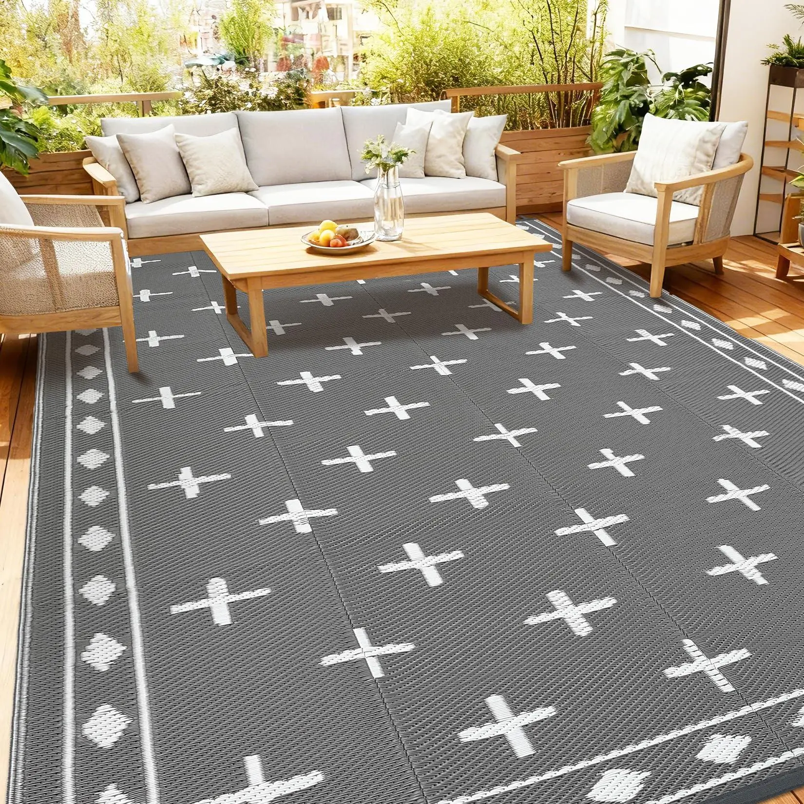 Grey Rectangular Outdoor Rug - 8x10ft Reversible Waterproof Plastic Straw Patio Mat with Geometric Border, Ideal for Deck, Balcony, Camping