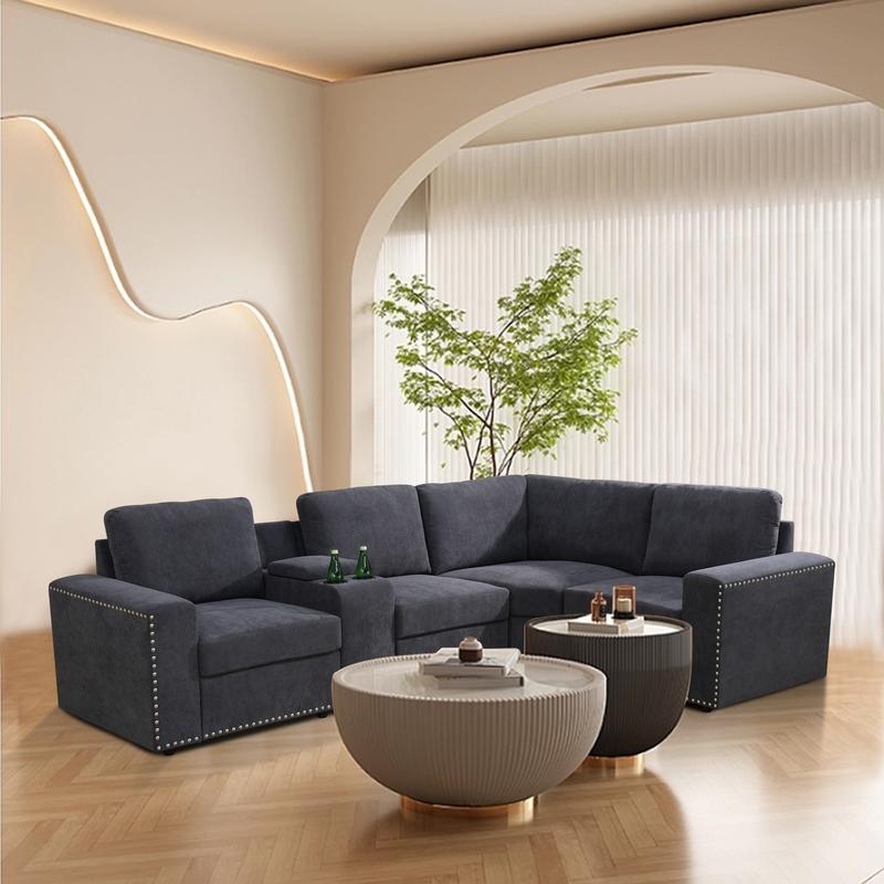 Dark Grey Corduroy 5-Piece Sofa Set - Modular Sectional for Living Room & Small Space