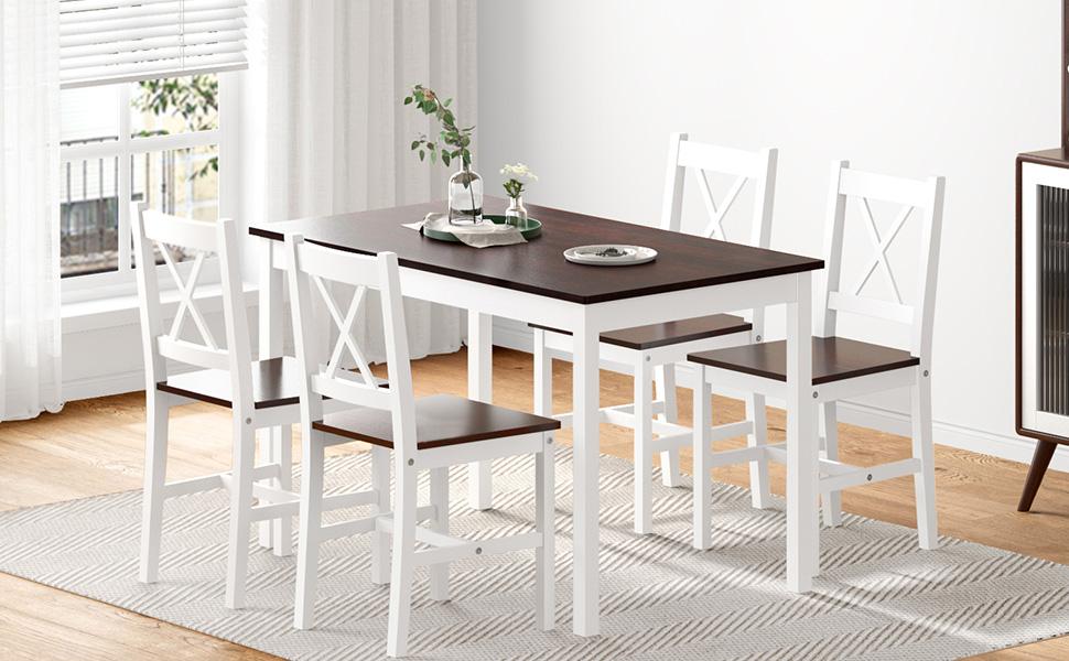 Soges 5-Piece Solid Wood Dining Table Set with 4 Chairs, Farmhouse Kitchen Table Set for Small Space, Easy Assembly Desk for Kitchen, Dining Room, or Restaurant