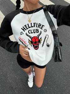 Women's retro American brand casual cool hellfire print versatile long-sleeved top, with smooth shoulder lines, Y2K street style, suitable for all seasons.