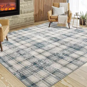 GARVEE Washable 10x13 Modern Plaid Area Rug - Non-Slip, Soft, Low Pile, Foldable Floor Cover for Living Room, Bedroom, Home Office, Dining Room - Farmhouse Rustic Blue Accent Carpet