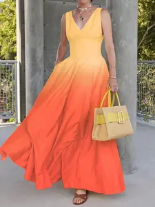 Spring Autumn New Casual Wear, Fashion French Vintage Holiday Style Sleeveless High Waist Gradient Color Ombre V Neck Thin Dress