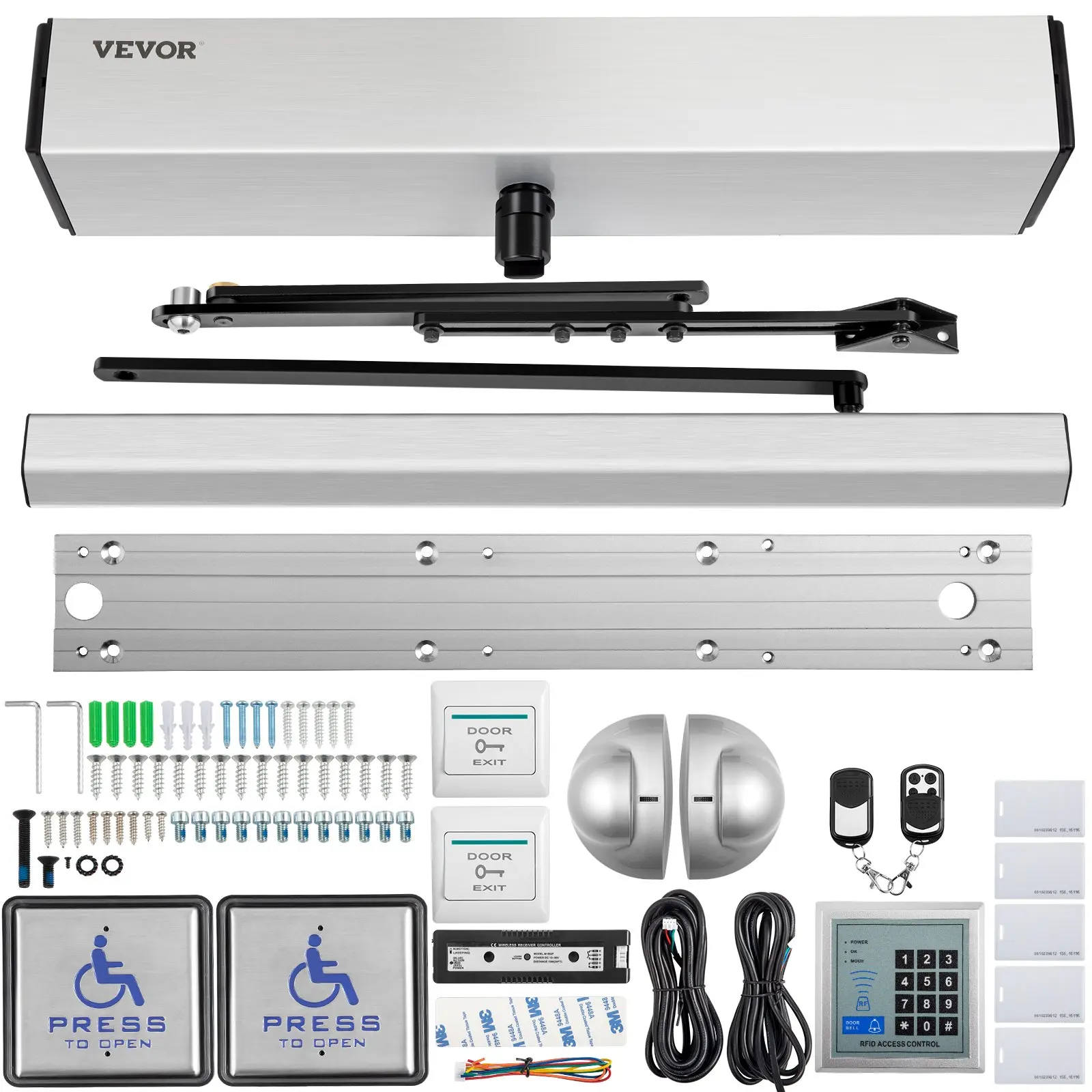 VEVOR Automatic Door Opener, 100-240V for Max. 220lbs Doors, Swing Door Operator for Disabilities with 2 Wireless Remotes, Keypad, 2 Exit Buttons, 5 ID Cards, 2 Stainless Steel Push Buttons, CE Listed