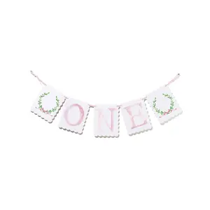 "ONE" Highchair Banner with Wreath with Pink Bow End Pieces