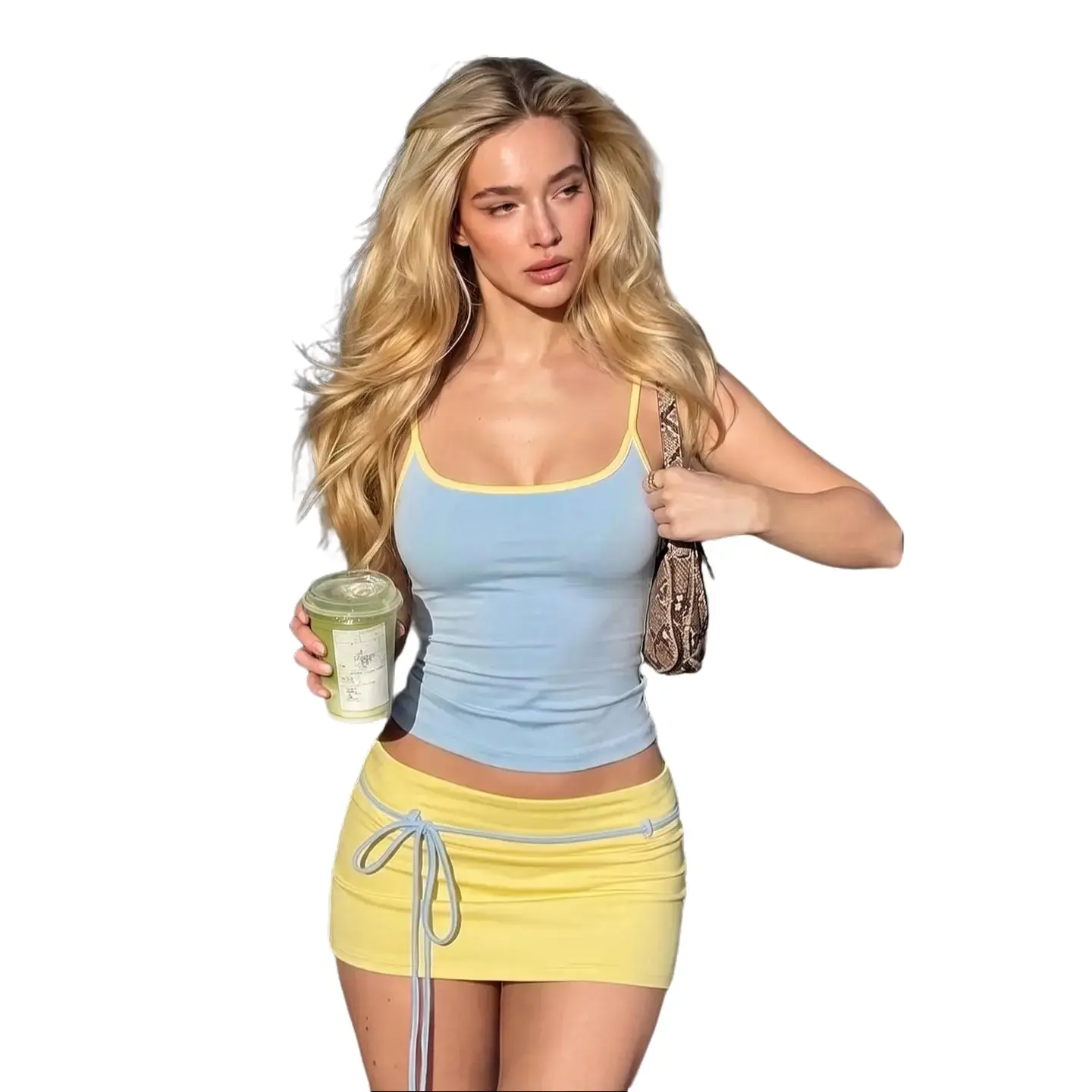 Women's 2026 Summer New Color Block Trim U Neck Thin Strap Cami Top & Low Rise Mini Skirt Two Piece Set with Contrast Drawstring Waist Slim Fit Bodycon Casual Y2K Outfit Skirt Suit