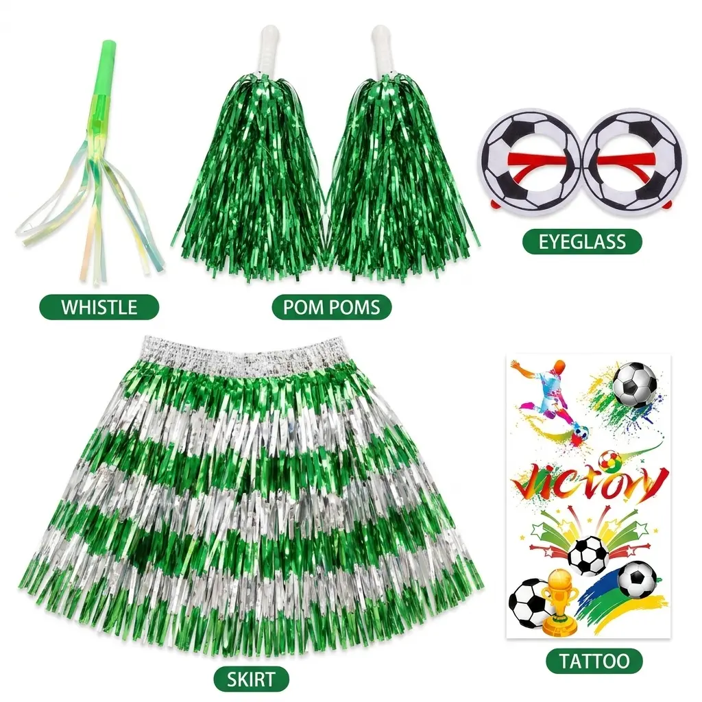 Green Soccer Rally Outfit Accessories, Metallic Fringe Skirt, Pom Poms, Whistle, Glasses Frame and Face Decals for Stadium Party, Football Game Day