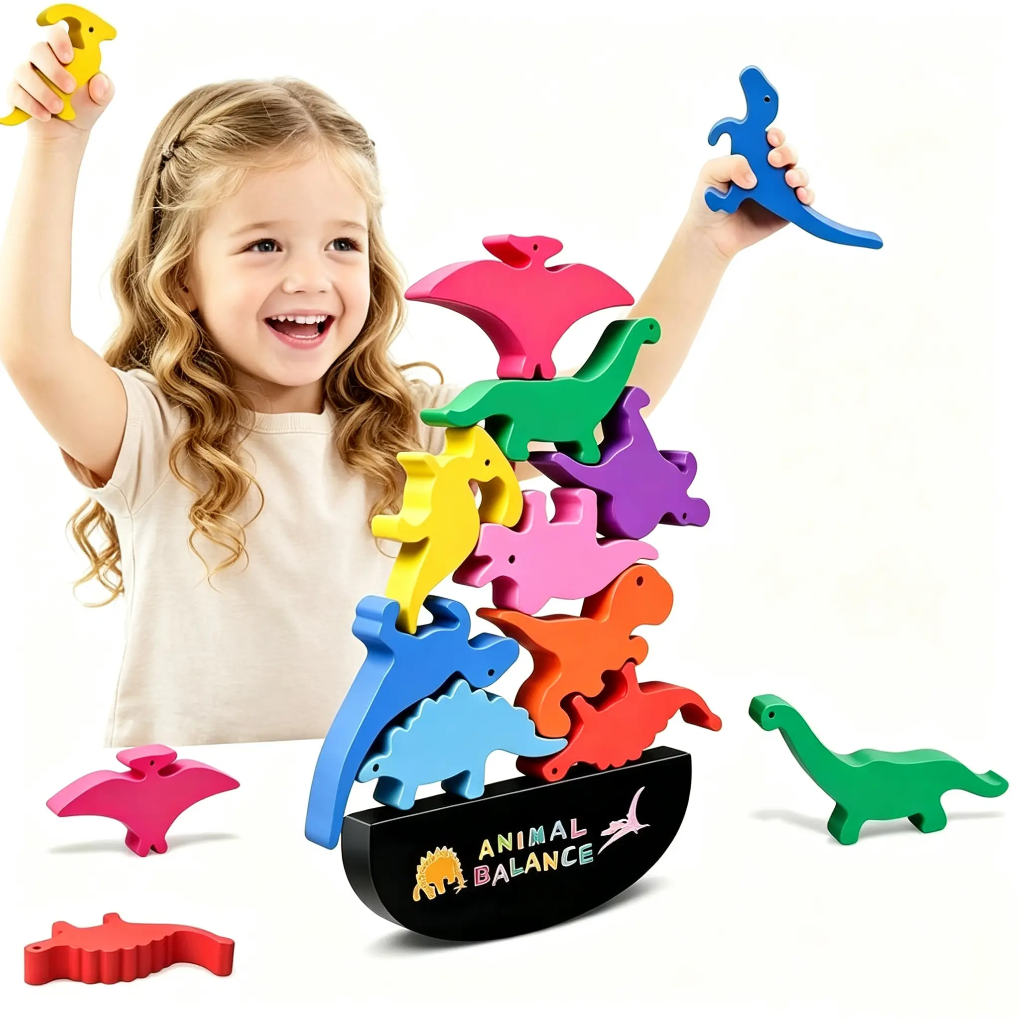 Montessori Wooden Safe Dinosaur Building Blocks - Stacking Balancing Kids Toddler Toys for Ages 2+ Years, Promotes Teamwork, Perfect Gift for Toddlers, Kids Toys