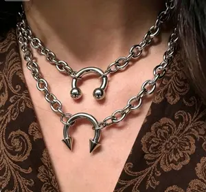 Edgy Punk Double Layer Chain Choker - Stainless Steel Septum Ring Inspired Necklace with Spike & Ball Detail, Unisex Gothic Statement Jewelry for Streetwear