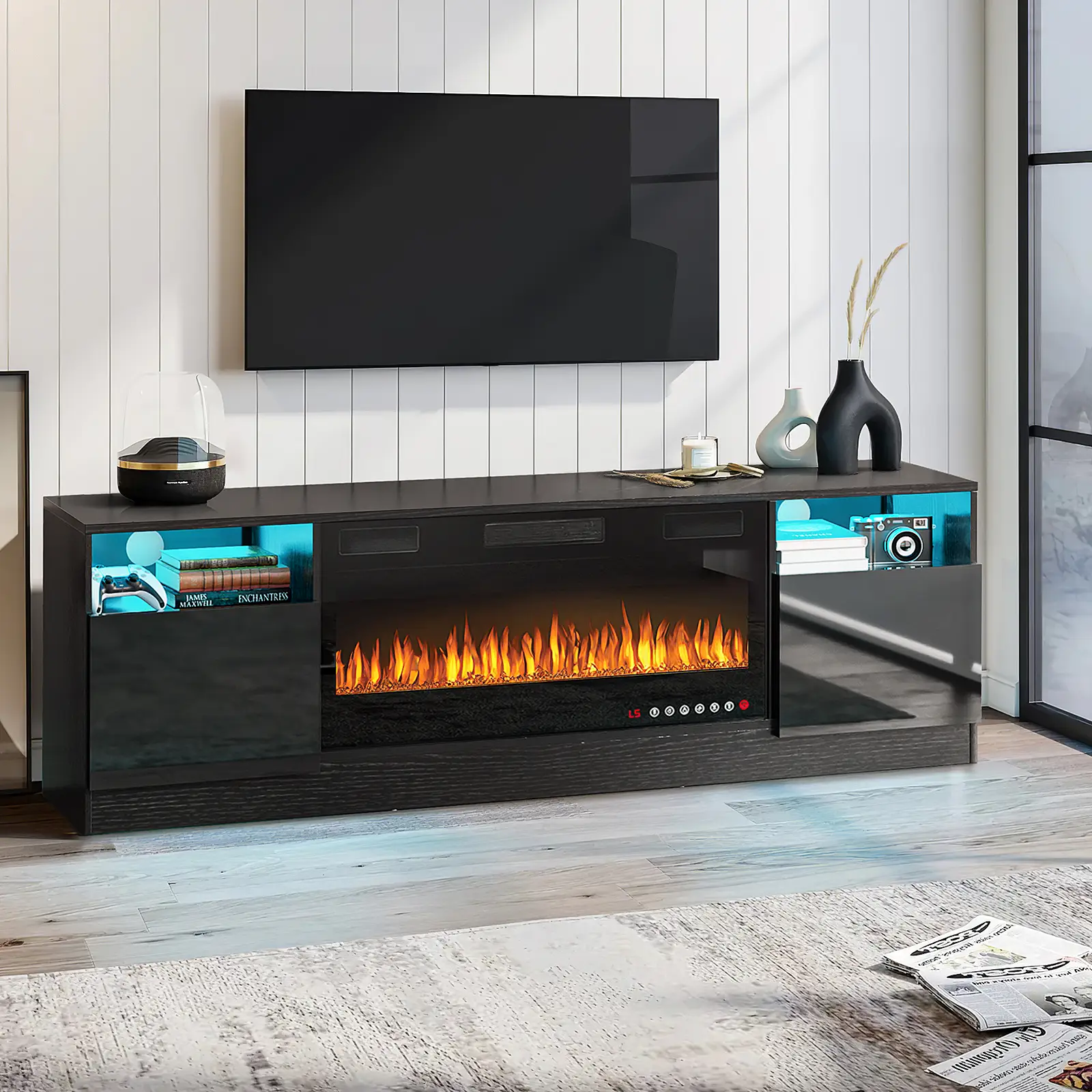 【2 Packages Shipping】PUKAMI Fireplace TV Stand for TVs Up to 80" TV with 36" Electric Fireplace,Entertainment Center with Fireplace,TV Stand with Fire