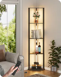 63.4” Display Shelf with Light, Modern Corner Floor Lampe with Shelves, LED Dimmable Standing Lamp with Remote for Living Room, Bedroom, Office, Adjustable CCT, Black Triangle