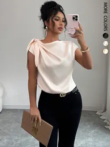 Women's Elegant Solid Color Satin Shirt, Summer Lightweight Sophisticated Twist Lapel Blouse，Stylish Ladies' Casual Wear, Perfect for Daily, Comfortable and Sophisticated Design