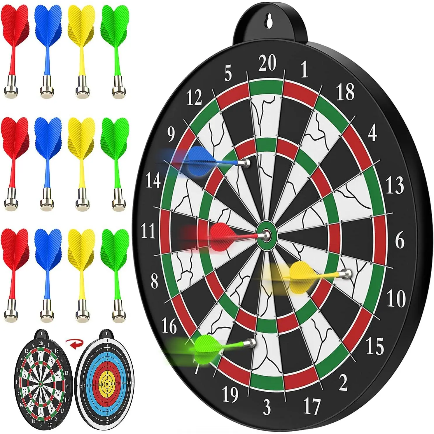 X-OMT27 Classic Double-Sided Round Magnetic Dart Board with 12 Magnetic Darts - Neodymium Magnets, Wall Hanging Party Game for Kid Room, Birthday/Christmas Gift for 5-12 Year Old Boys