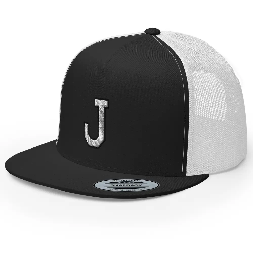 RIVEMUG Initial Letter J Embroidered Premium Trucker Hat Flat Bill High Crown Adjustable Cap