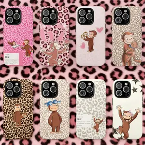 Cute Monkey Tough Phone Case Fun Cartoon Design with Leopard Print Background Gift for Fans Curious George Protective Cover,Shock-Resistant TPU Lining,phone Case Suitable for Iphone 11/12/13/14/15/16/17 Pro Promax Plus Air and Samsung S22/S23/S24/S25 Plus