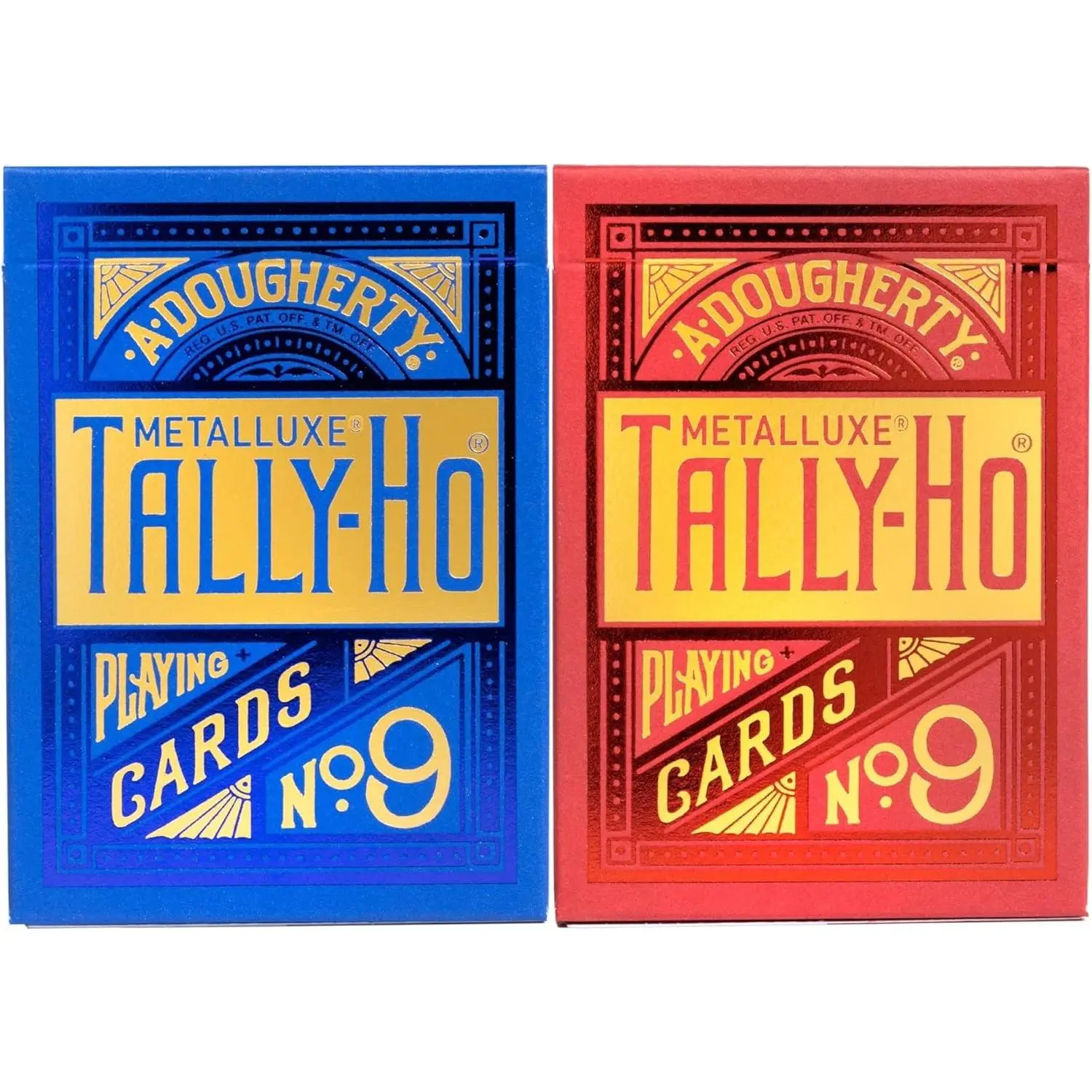 Tally-Ho Metal Luxe Playing Cards - Classic Tally-Ho Circle Back Design, Eco-Friendly, Linoid Finish, Metallic Foil, Non-Toxic Plant-Based Inks, Smooth Handling, Custom-Matched Faces, Bicycle Compatible (Red & Blue)