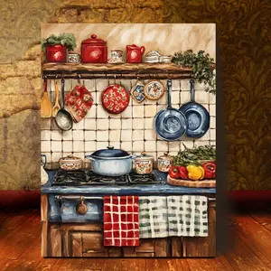 [Flat] Country Style Kitchen Canvas Painting - Wooden Frame, Ready to Hang, Vintage Style, Featuring Colorful Kitchen Utensils and Vegetable Scene, Suitable for Dining Room or Living Room Decoration, Kitchen Wall Art Decoration