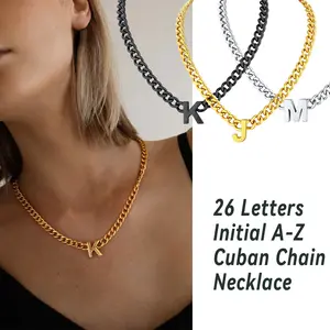 FindChic A-Z Danity Letters Pendant Necklace Stainless Steel Custom Initial 26 Letters 7mm Cuban Link Chain Necklace Unisex For Women Men