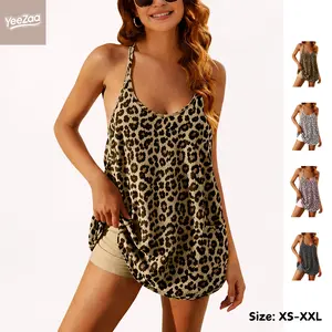 YeeZaa Women's Leopard Print Athletic Mini Dress with Built-in Shorts 2026 Summer Tennis Workout Active Sports Mini Romper Dress V Neck Spaghetti Strap Sundress Travel Vacation Clothes Sleeveless