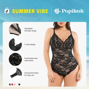 Popilush Basic Full Lace Shapewear Bodysuit Women Vneck Compression Sleeveless Thong Tummy Control Backless Adjustable Sexy Long Sleeve Bodysuit Womenswear