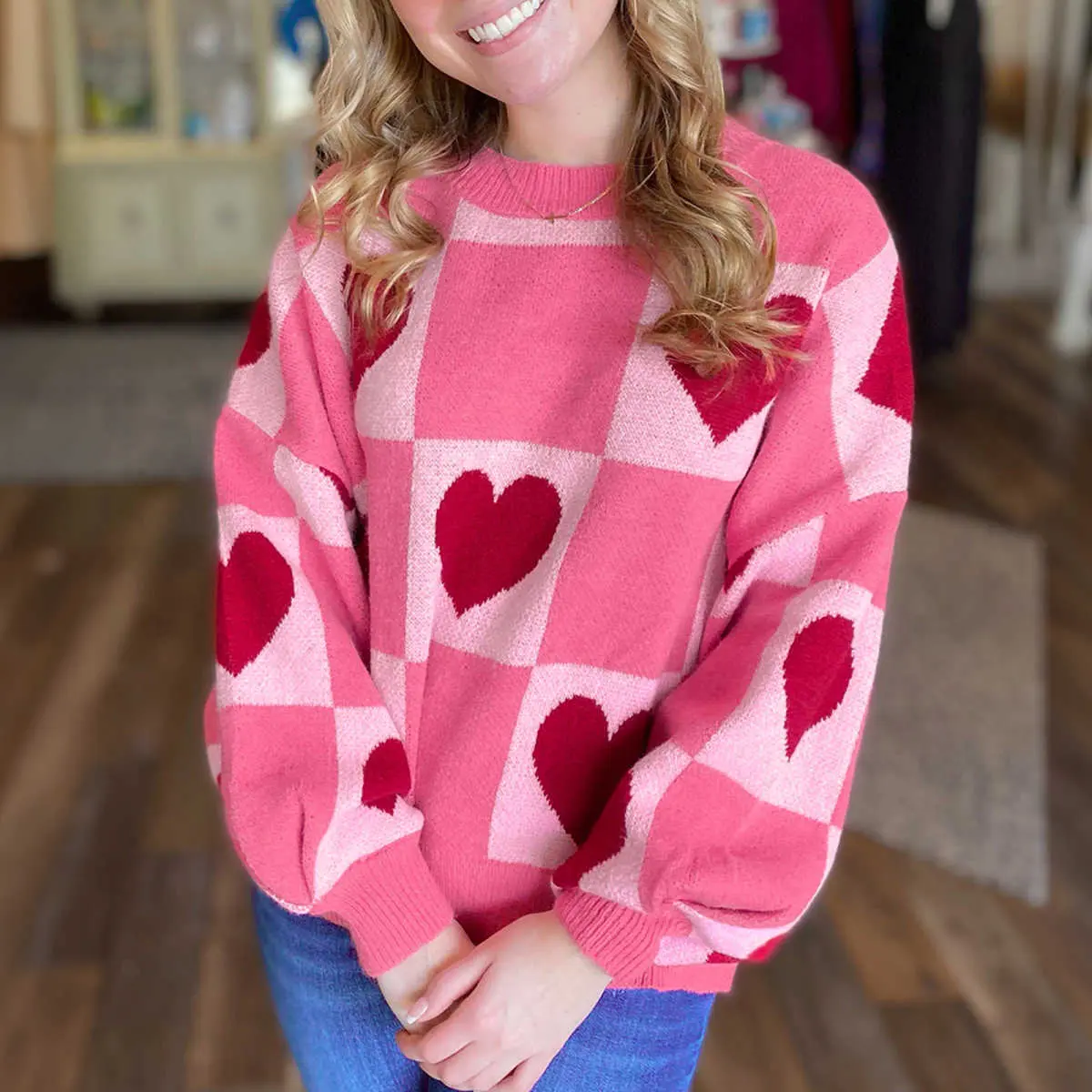Pink Love Heart Checkered Valentine Crew Neck Sweater