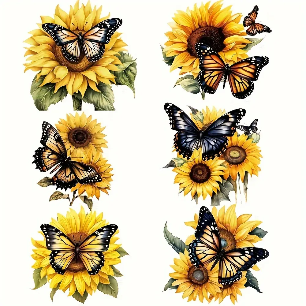 Sunflower & Butterfly Pattern Iron-on Heat Transfer Decals, 6 Counts/set DIY Washable Vinyl Patches for Clothing, Bags & Hats, DIY Craft Embellishments