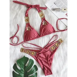 Bikini Set Women's Sexy Rhinestones Solid Color Push Up Glitter Diamond 2 Piece Swimsuit Bathing Suit Thong Swimwear 2025 New