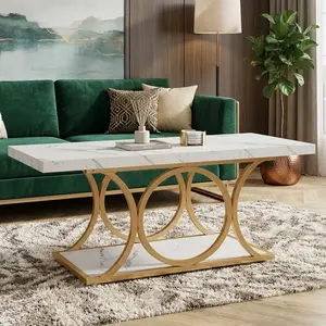 Living Room Modern Coffee Table 47.24in 2 Layer Faux Marble Tea Table With Storage Rack Geometric Metal Support Stable Household Accent Table For Home Office Daily Use