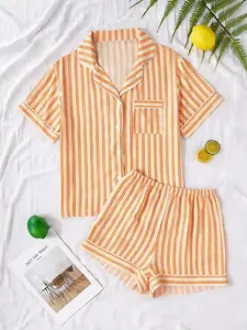 Women's Striped Sleepwear Loungewear Set, Button Design 2-Piece Short Pants Pajama Set, Casual Chic Fitted Night Comfort, Sizes S to Xl Available