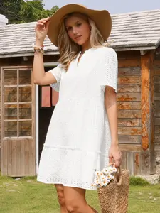 INSPIRE CHIC Eyelet Dress for Women Summer Short Sleeve V Neck Hollow Out Ruffle Vacation Mini Dresses
