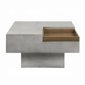 Modern Cement Coffee Table with Built-In Storage – 32” Square – Weathered Gray