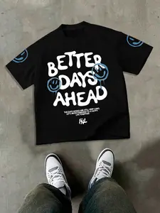 Y2K Smiley Face Print T-Shirt, Round Neck, Motivational Streetwear, Menswear, Casual Short Sleeve Tee, Hip-Hop Aesthetic, Unisex Fashion, Daily Wear & Street Photography