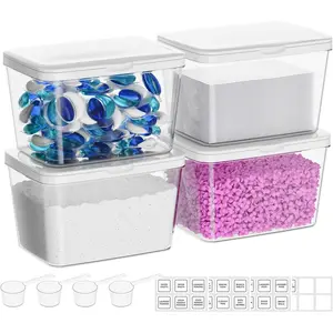4 Pack Laundry Pods Container and Dryer Sheet Holder, Detergent Powder Container with Lids, Labels & Scoop for Laundry Room Organization, Laundry Storage for Powder, Pods, Scent Booster Beads