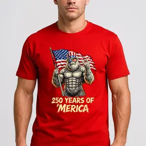 250 Years of ’Merica Patriotic Bigfoot T-Shirt – Funny USA Independence Day Sasquatch Graphic Tee – American Flag 1776-2026 Fourth of July Shirt for Men Women