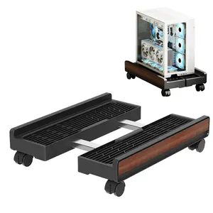 PC Tower Stand with Wheels, Adjustable CPU Holder for Easy Moving & Cleaning, Black with Wood-Grain Finish – Ideal for Home Office and Gaming Desks