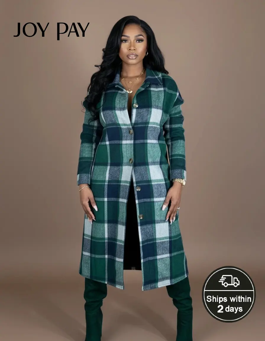 JOYPAY Women's Coats, Oversized Checkered Button-Down Long Sleeve Shirt Jacket with Pockets, Plaid, Oversize Fit, Casual, Cold Wash, Collared Neck, Elegant, Loose-Fitting, Tops, Day, Soft, Longsleeves, Outerwear